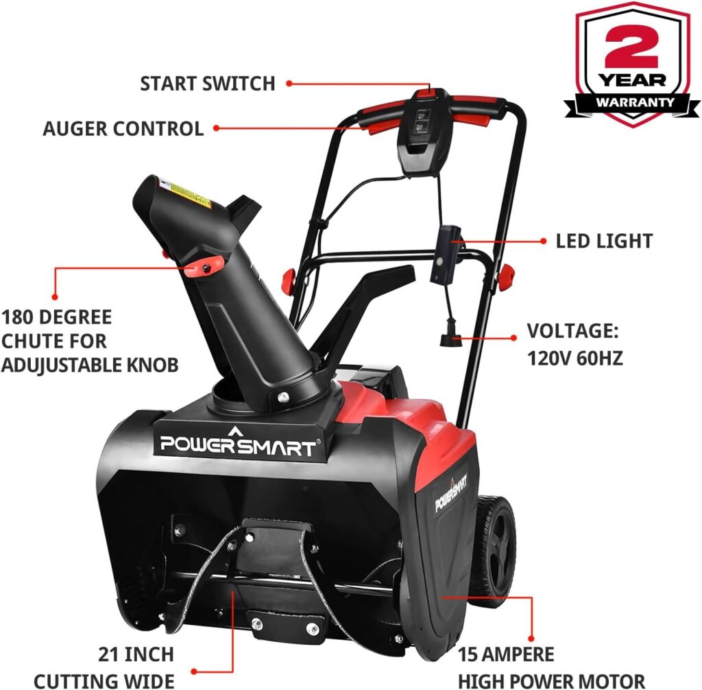 PowerSmart 21-Inch Corded Snow Blower, Electric Snowthrower with 15-Amp Motor, DB5021