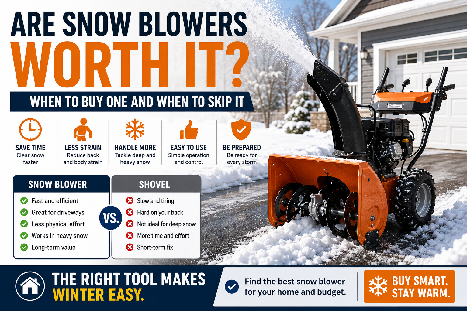 Snow blower clearing a driveway compared with shoveling snow by hand