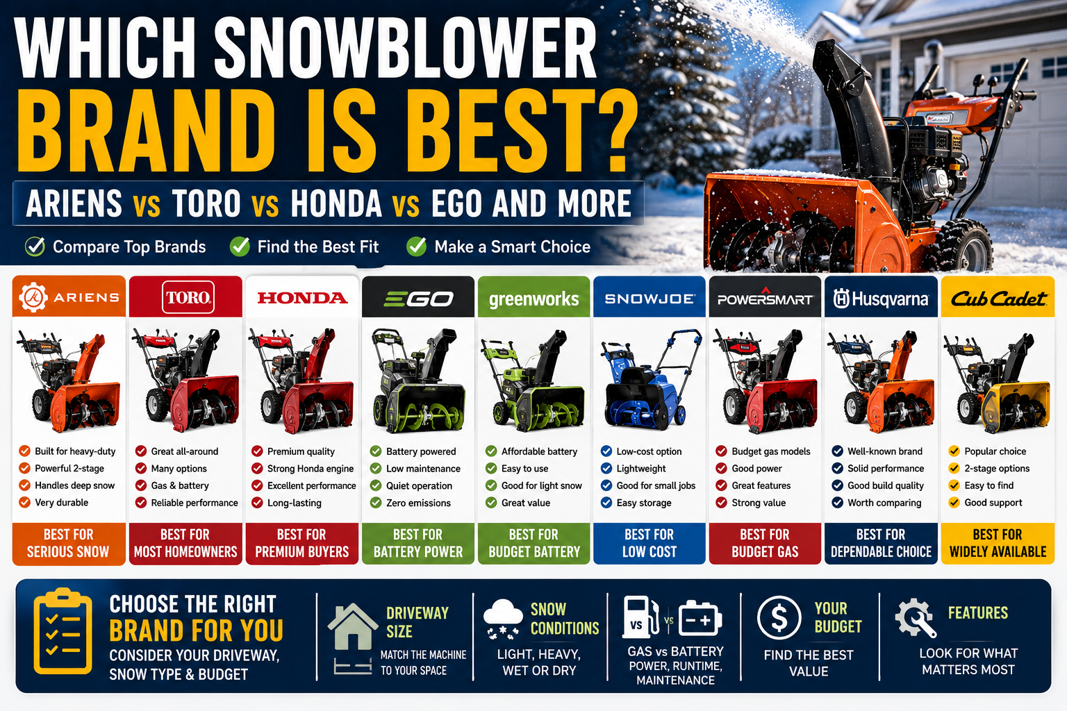 Comparison of top snowblower brands including Ariens Toro Honda EGO Greenworks Snow Joe PowerSmart Husqvarna and Cub Cadet