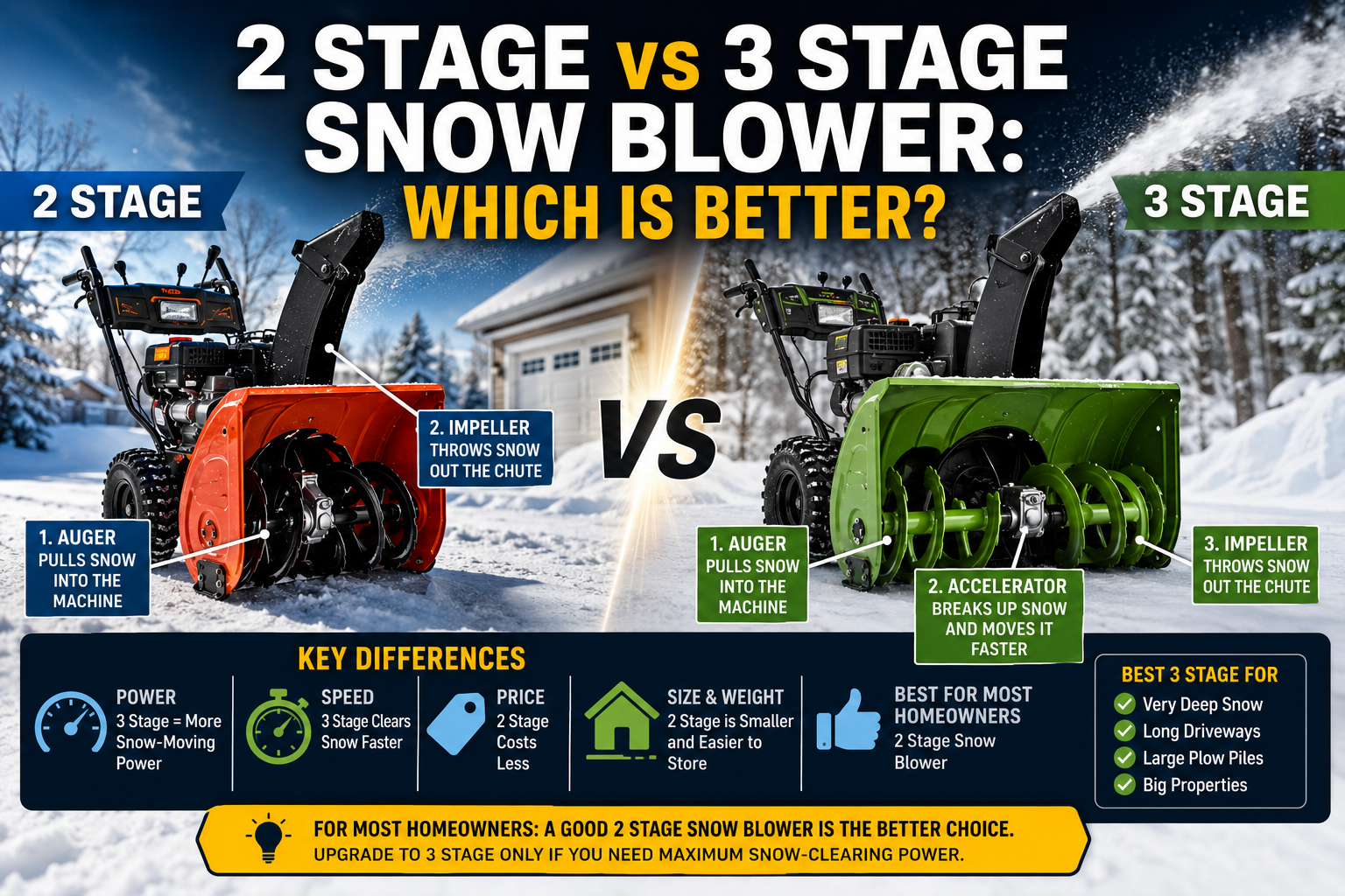 2 stage vs 3 stage snow blower comparison for heavy snow and large driveways